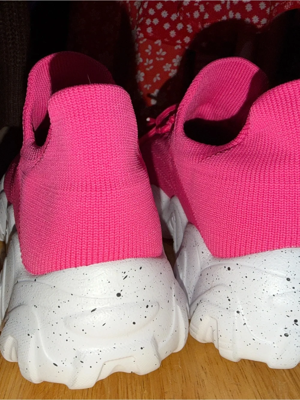 Hot Pink Knit Slip-On Athletic Sneakers with Cushioned White Speckled Sole